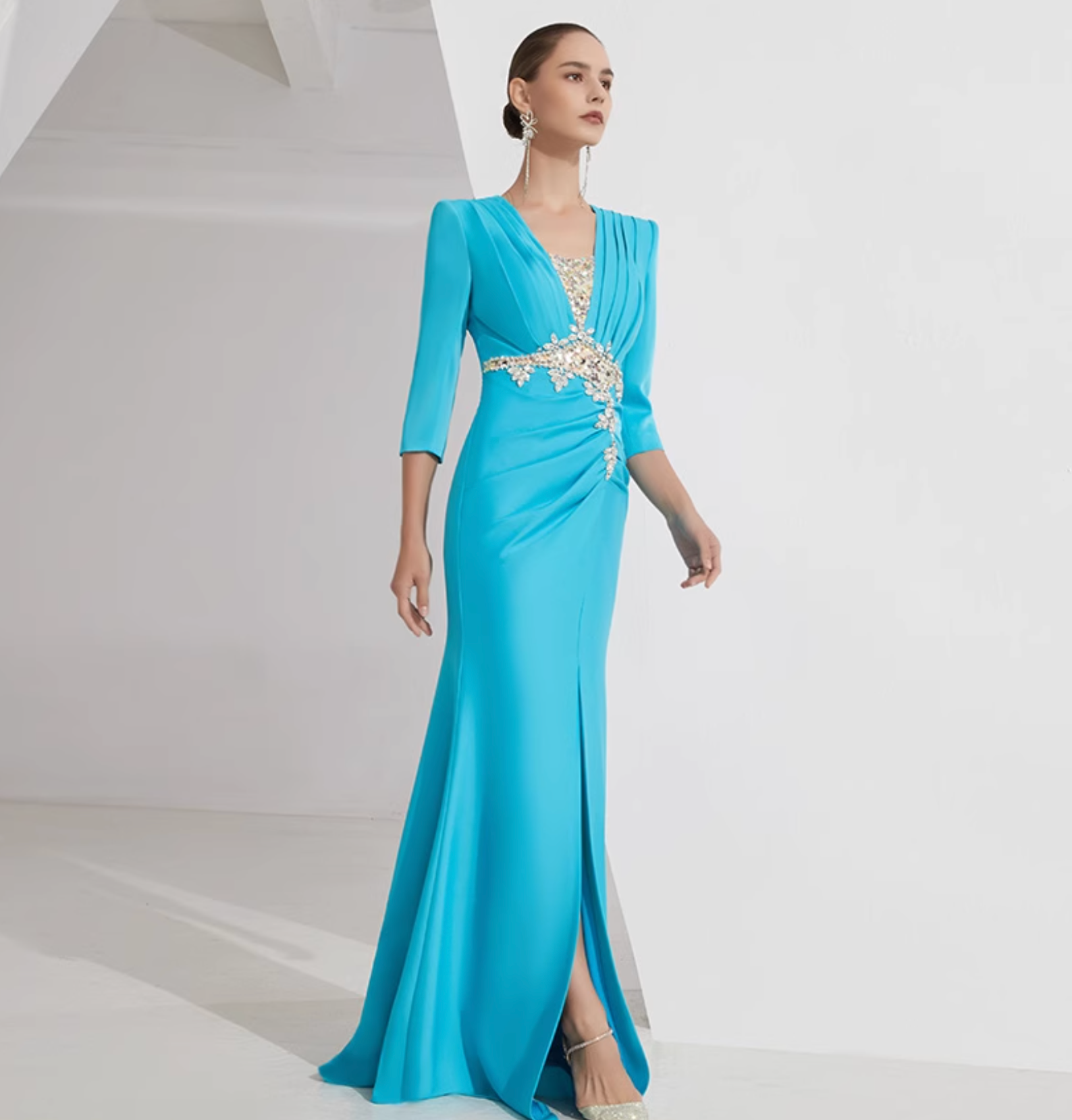 ruched V-neck gown with gold lace embroidery – AZURE GRACE