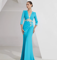 ruched V-neck gown with gold lace embroidery – AZURE GRACE