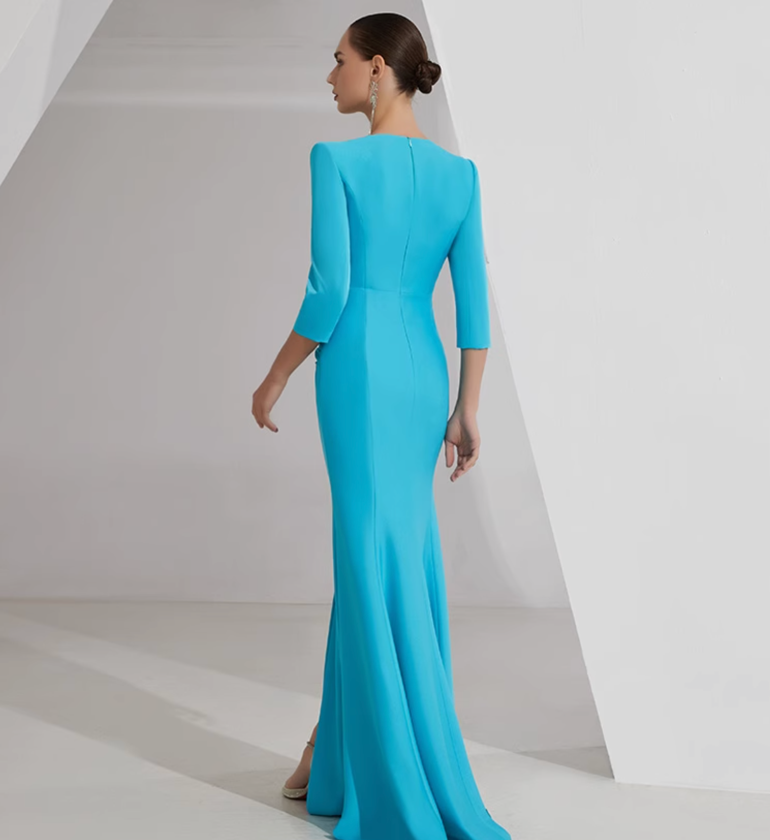 ruched V-neck gown with gold lace embroidery – AZURE GRACE