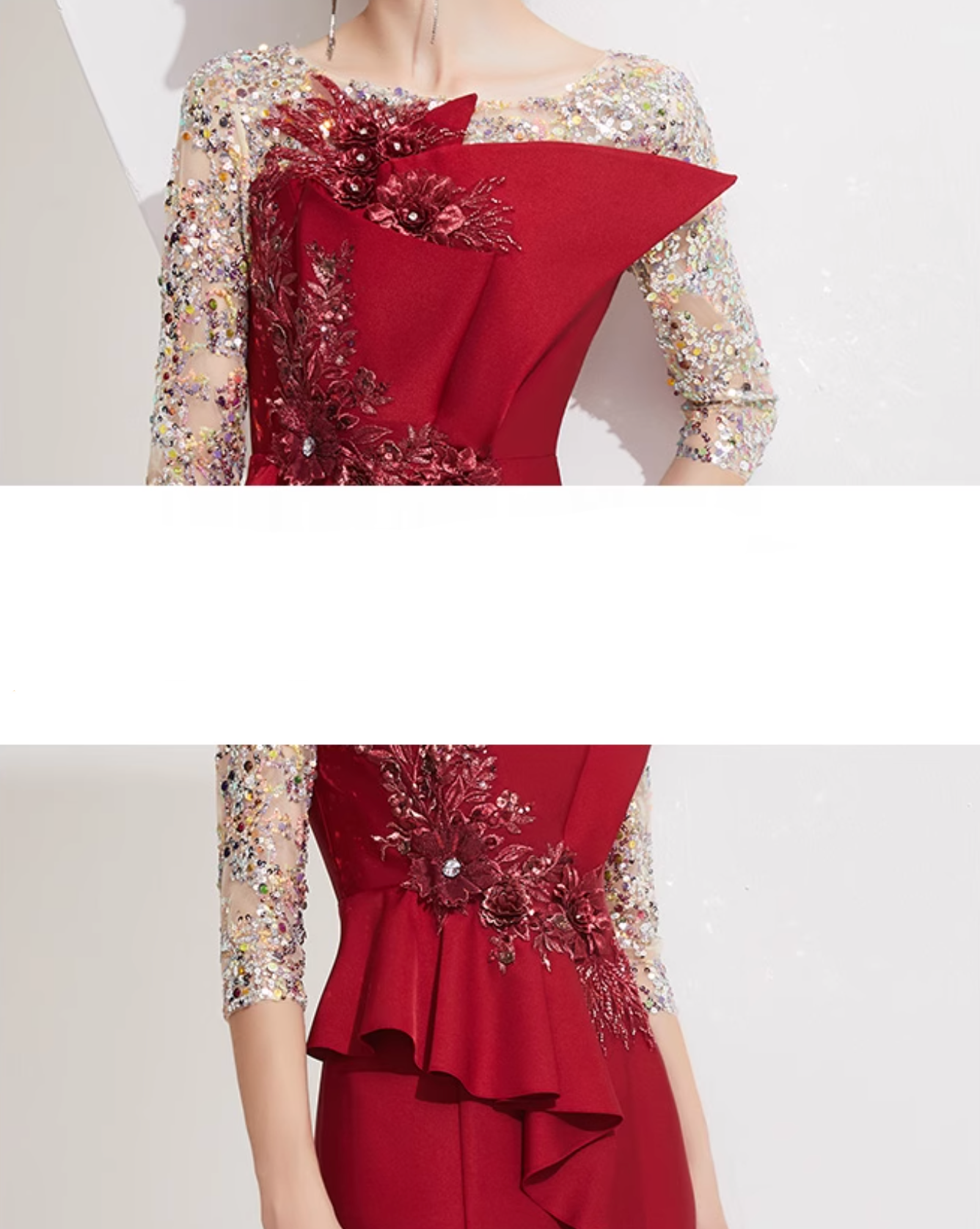 embroidered mermaid gown with sequin sleeves and sculpted ruffle – CELINE