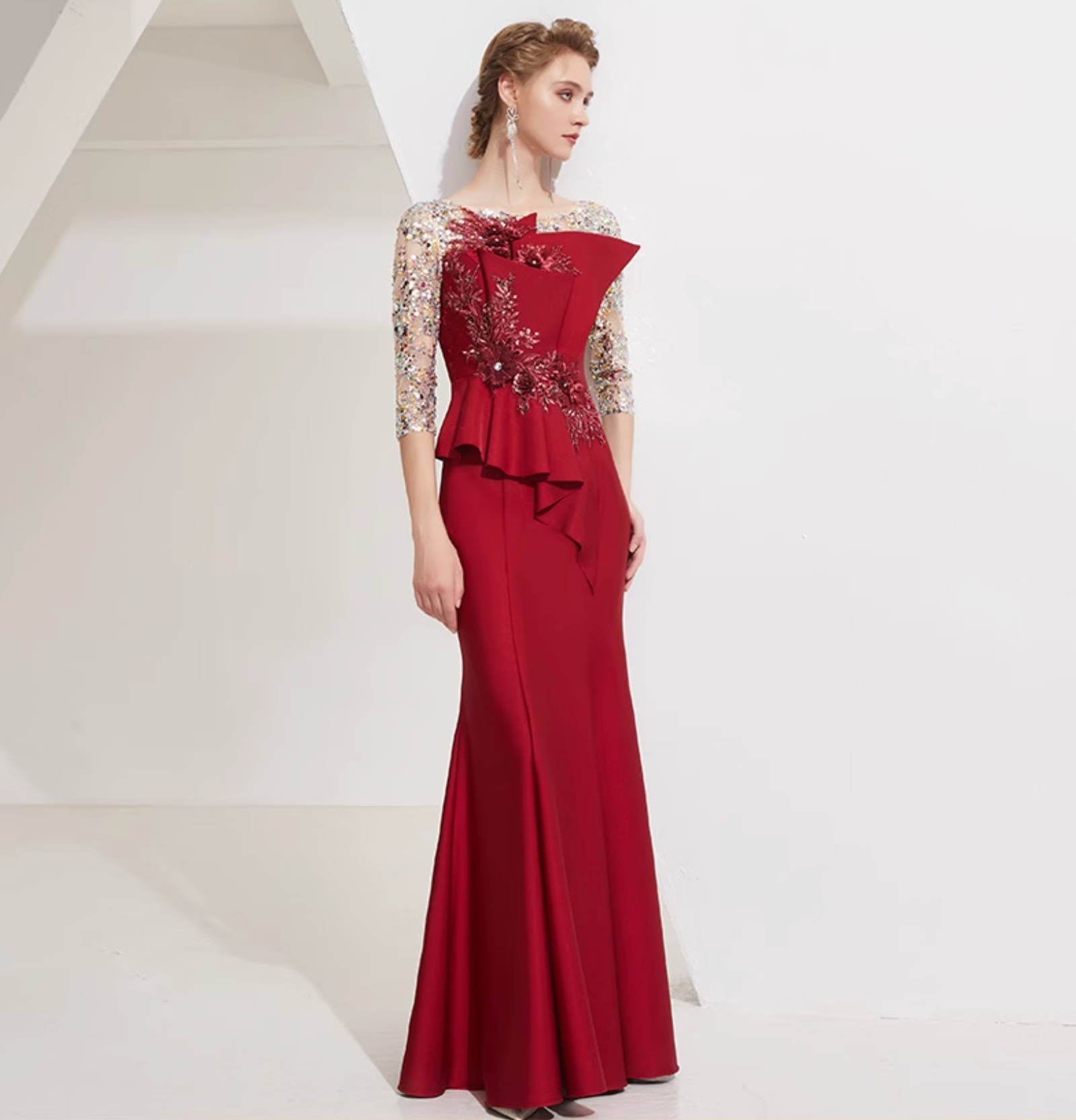 embroidered mermaid gown with sequin sleeves and sculpted ruffle – CELINE