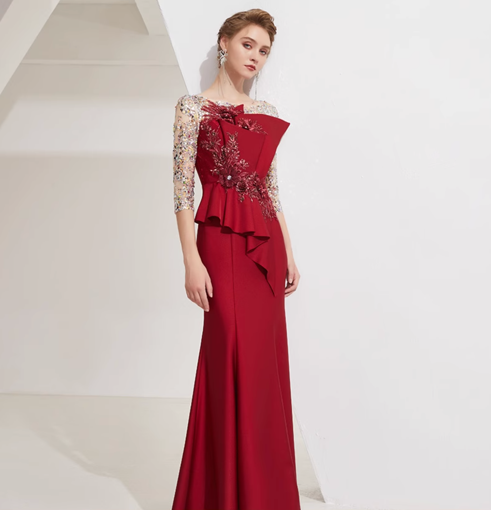 embroidered mermaid gown with sequin sleeves and sculpted ruffle – CELINE