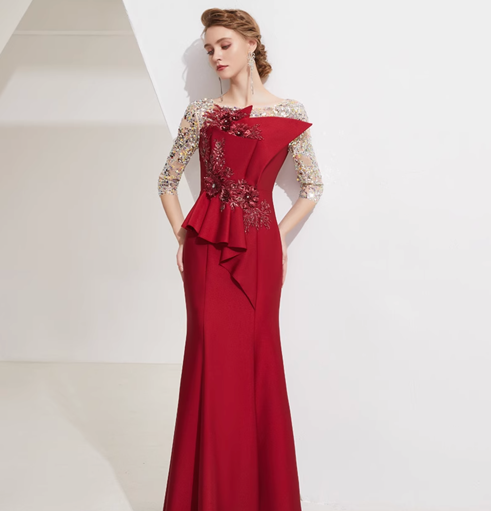 embroidered mermaid gown with sequin sleeves and sculpted ruffle – CELINE