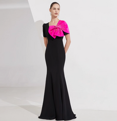 short-sleeve mermaid gown with oversized pink bow – NOIR FLAIR