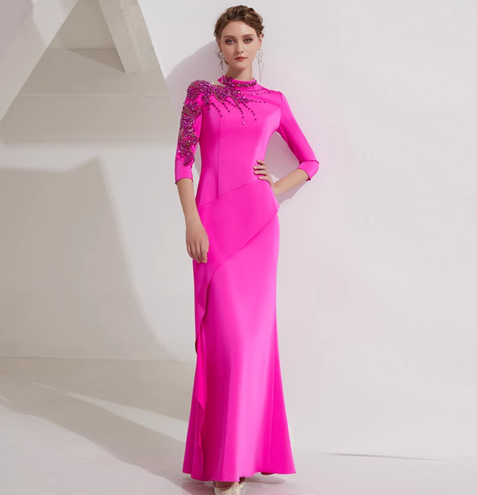 asymmetric column dress with embellished shoulder - AZALEA