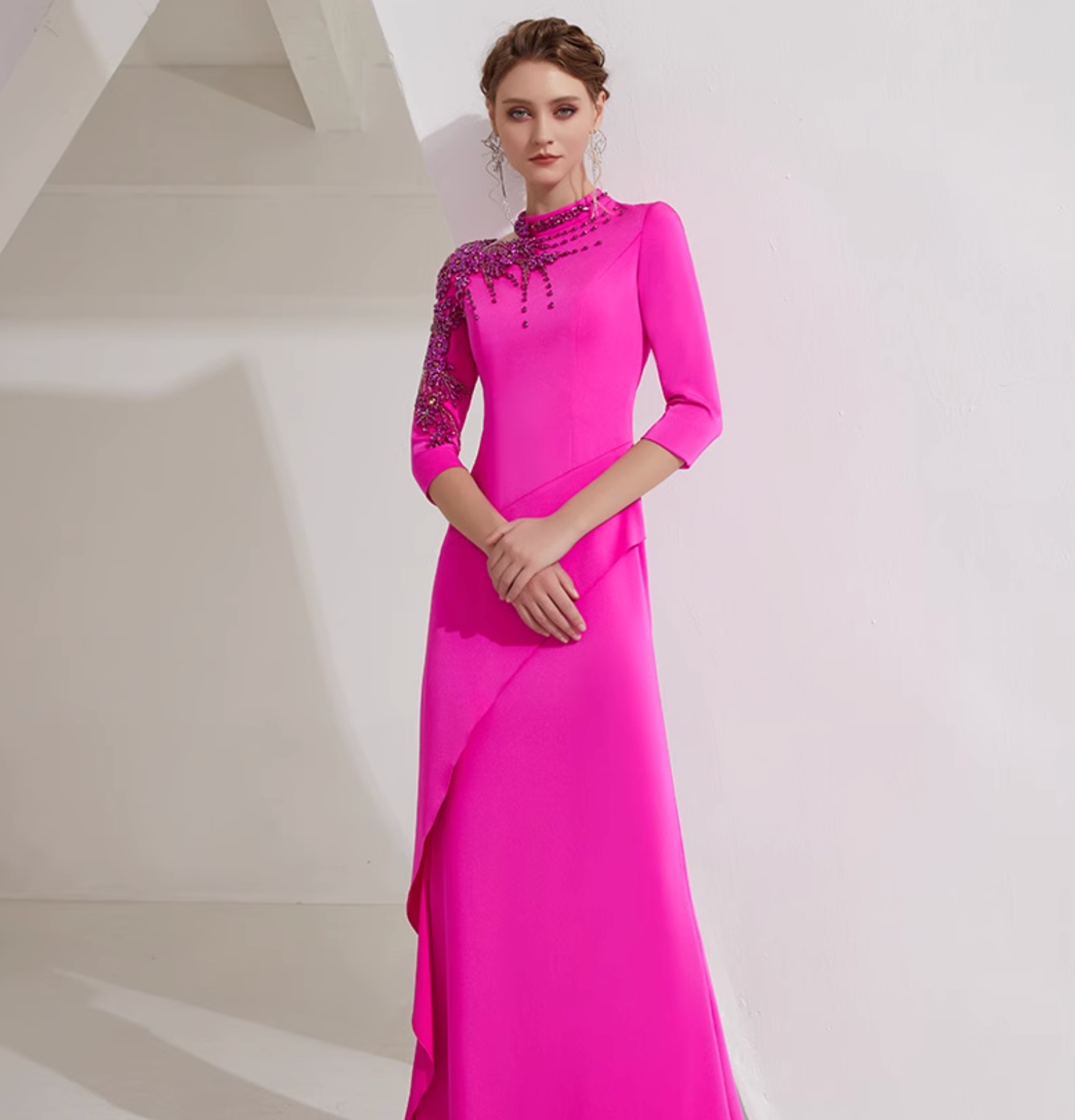 asymmetric column dress with embellished shoulder - AZALEA
