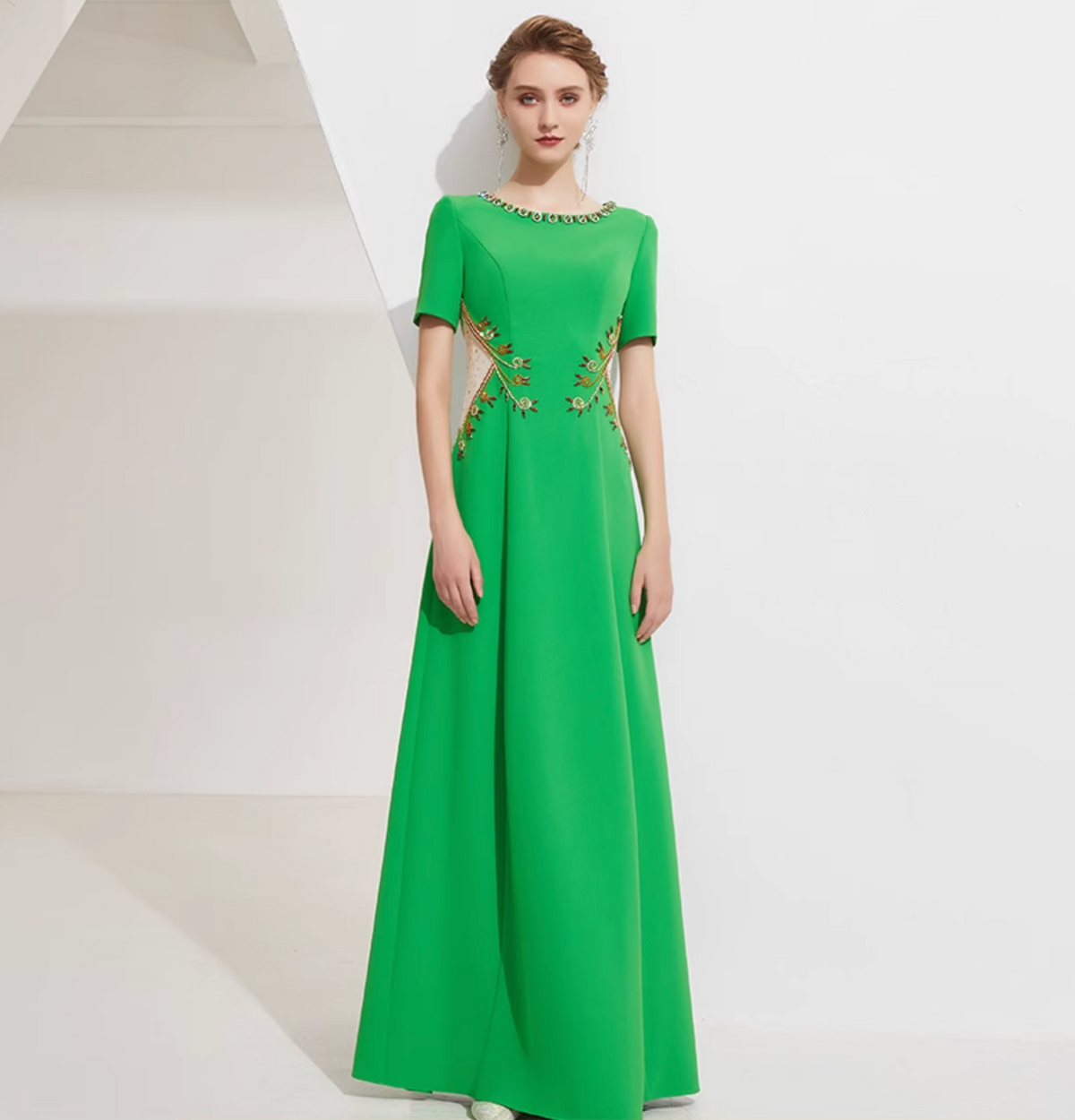 short sleeve A-line dress with crystal leaf appliqué - IVY