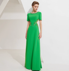 short sleeve A-line dress with crystal leaf appliqué - IVY