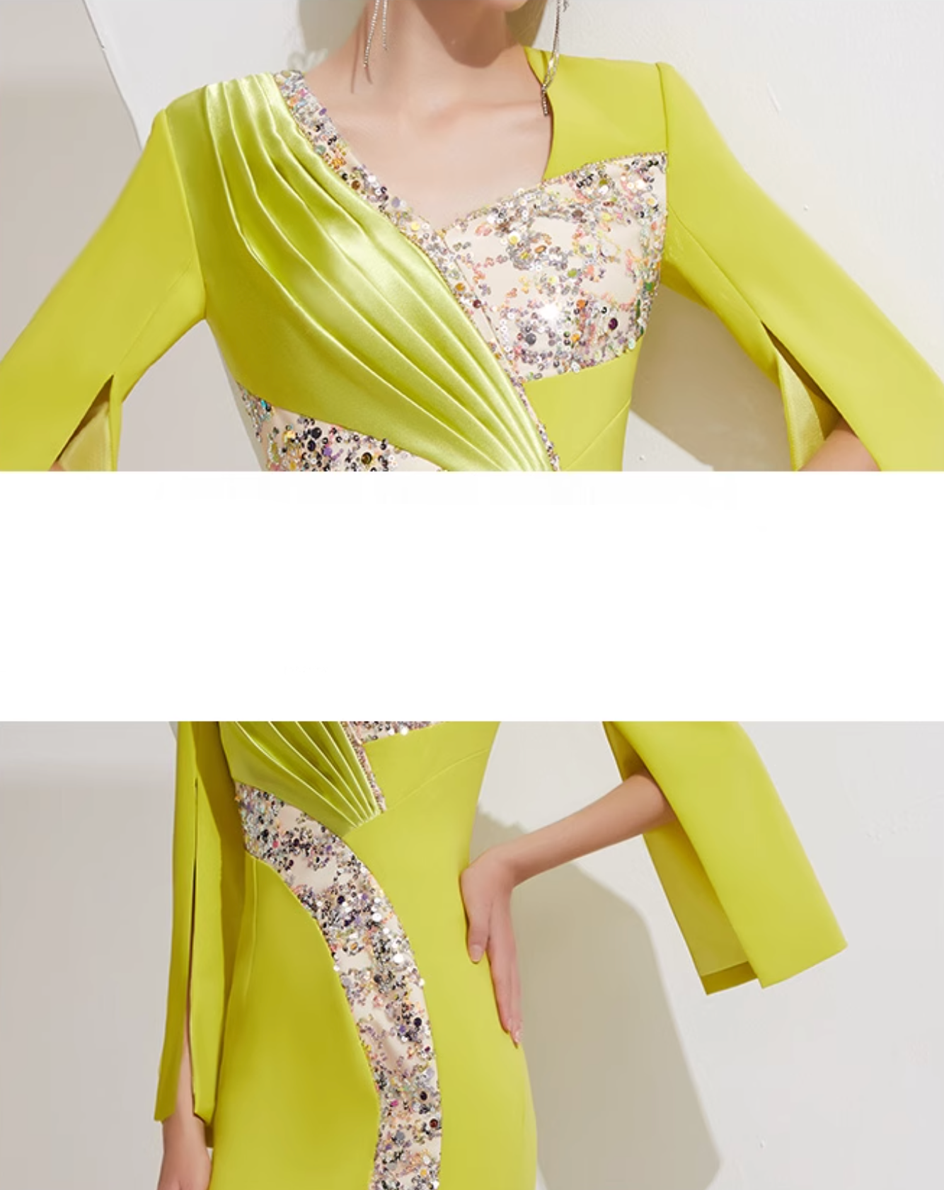 long sleeve column dress with sequin panel and pleated satin accent - SOLANA