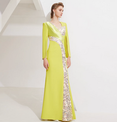 long sleeve column dress with sequin panel and pleated satin accent - SOLANA