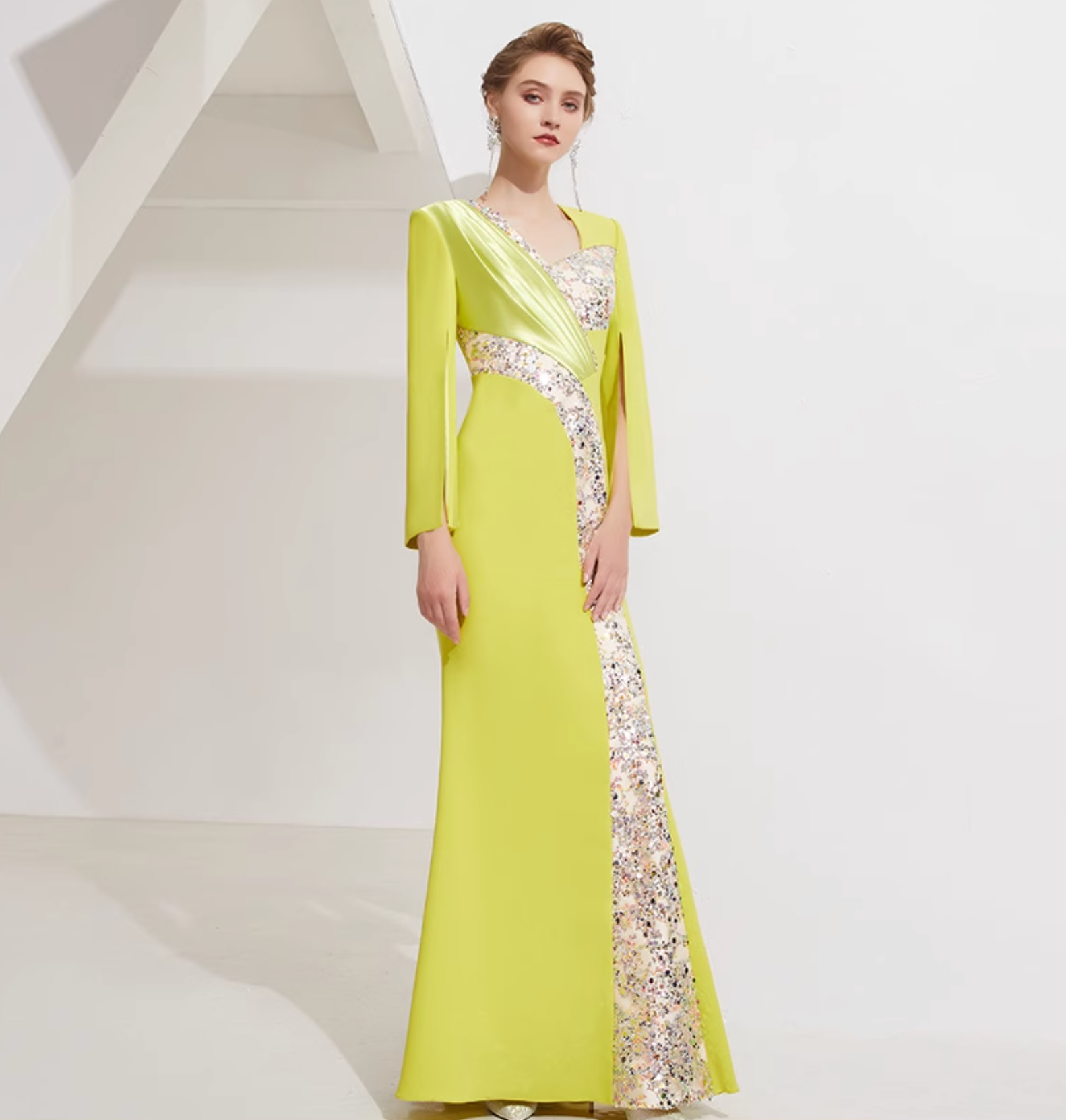 long sleeve column dress with sequin panel and pleated satin accent - SOLANA