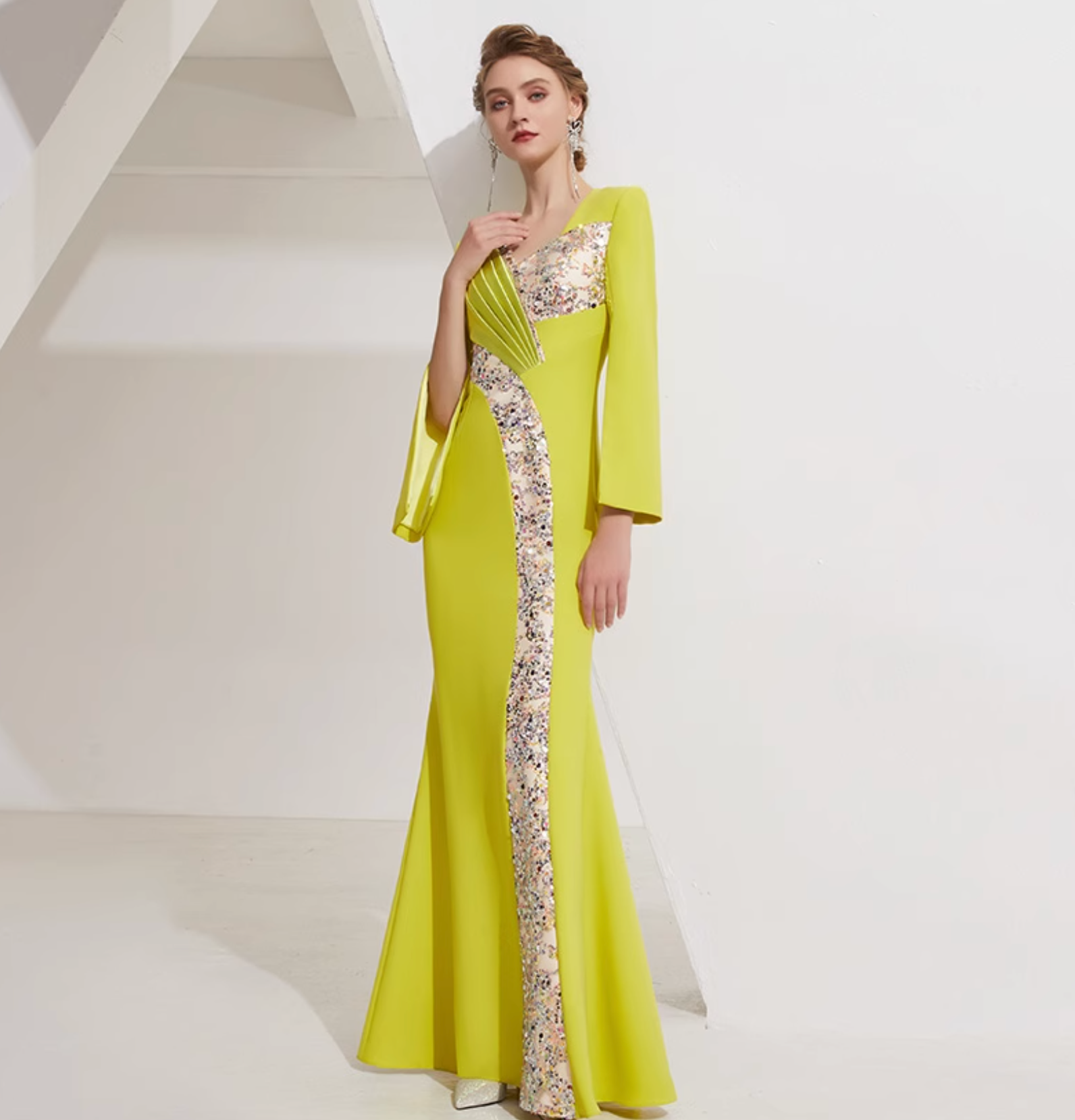 long sleeve column dress with sequin panel and pleated satin accent - SOLANA