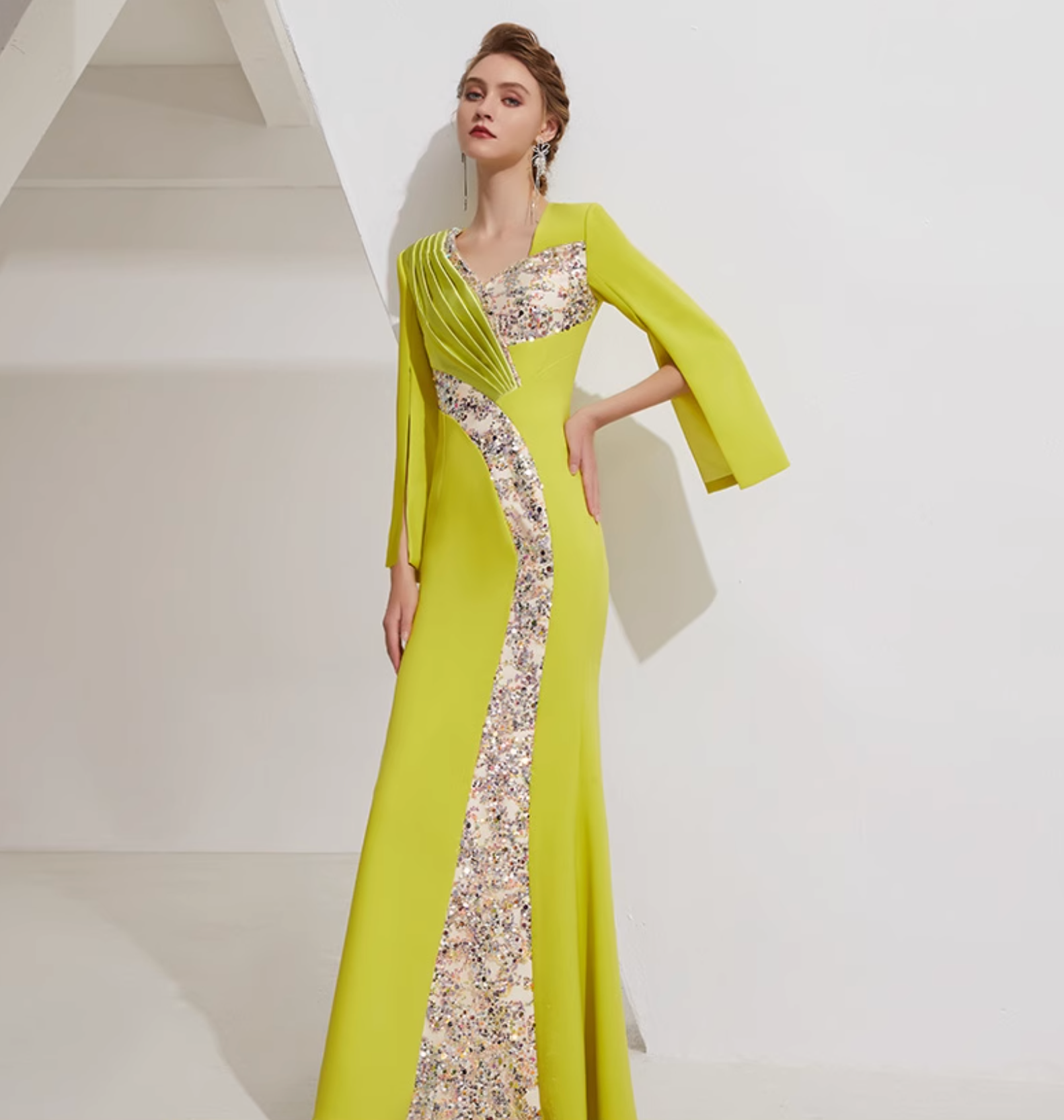 long sleeve column dress with sequin panel and pleated satin accent - SOLANA