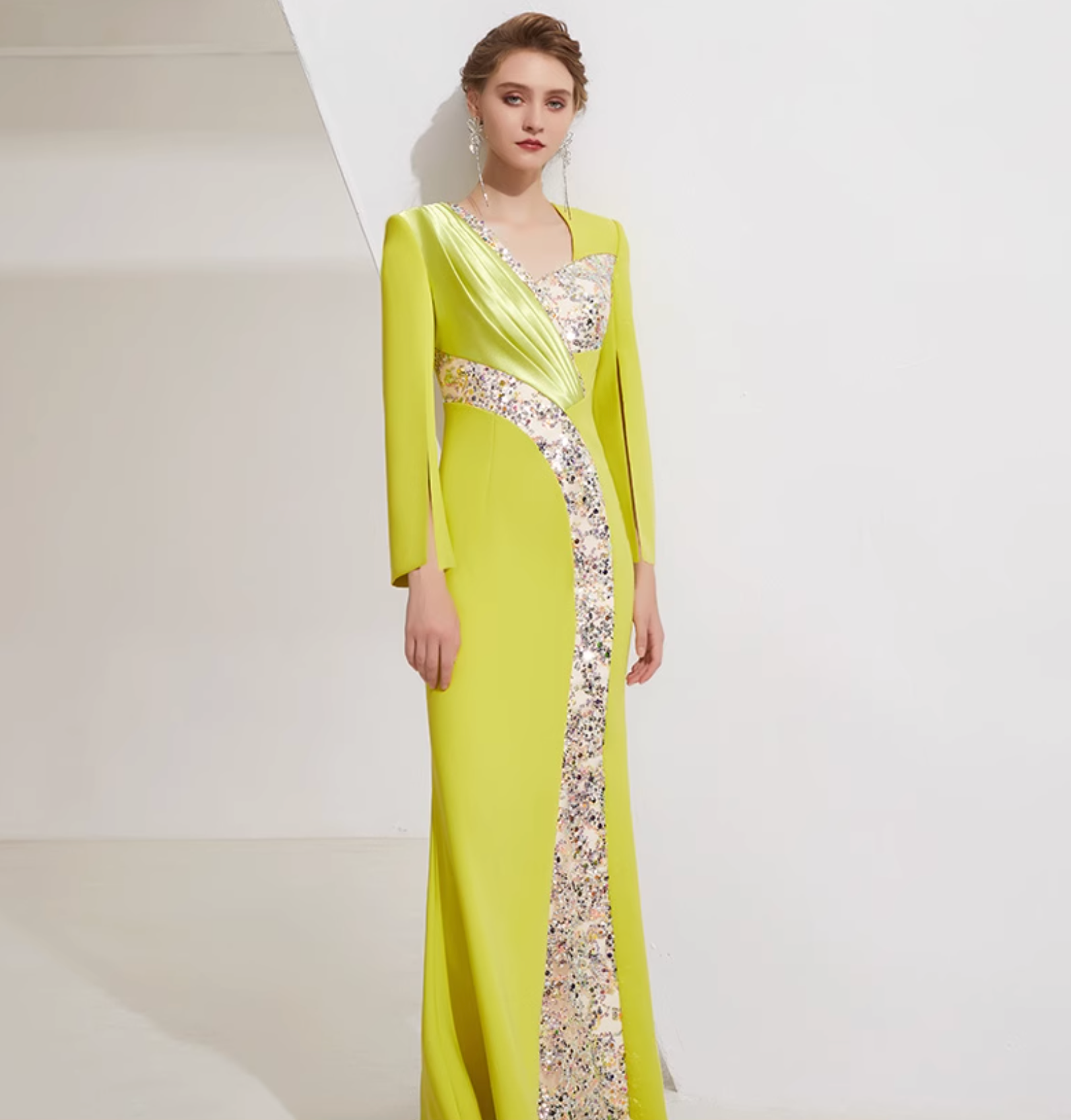 long sleeve column dress with sequin panel and pleated satin accent - SOLANA
