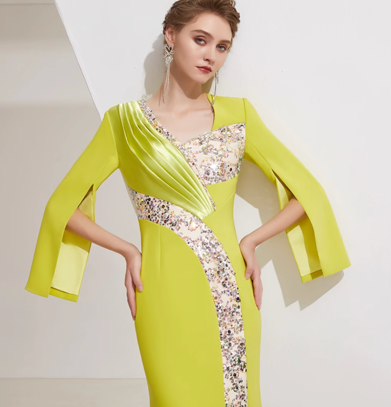 long sleeve column dress with sequin panel and pleated satin accent - SOLANA