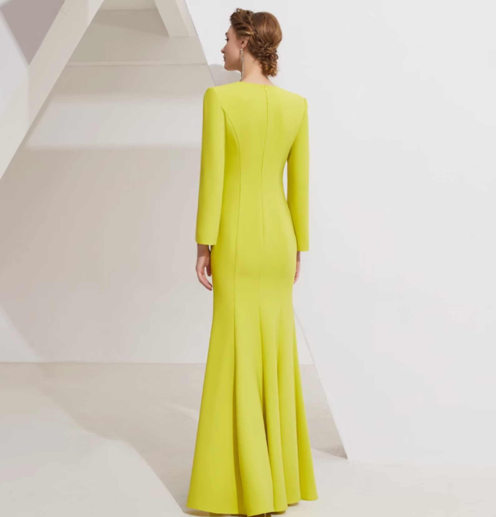 long sleeve column dress with sequin panel and pleated satin accent - SOLANA
