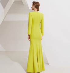 long sleeve column dress with sequin panel and pleated satin accent - SOLANA