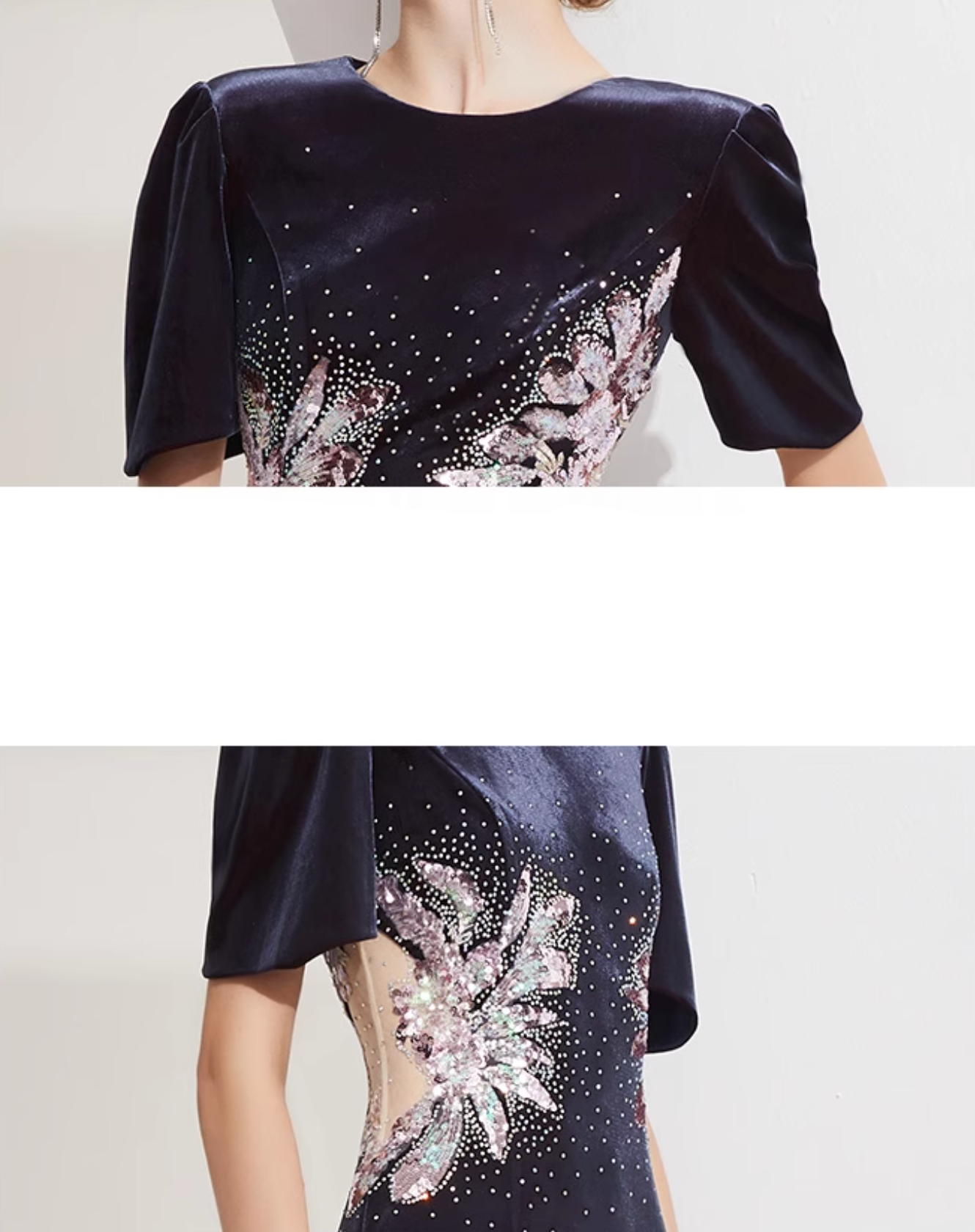 Velvet gown with sequin floral burst and padded shoulders – ASTRIA