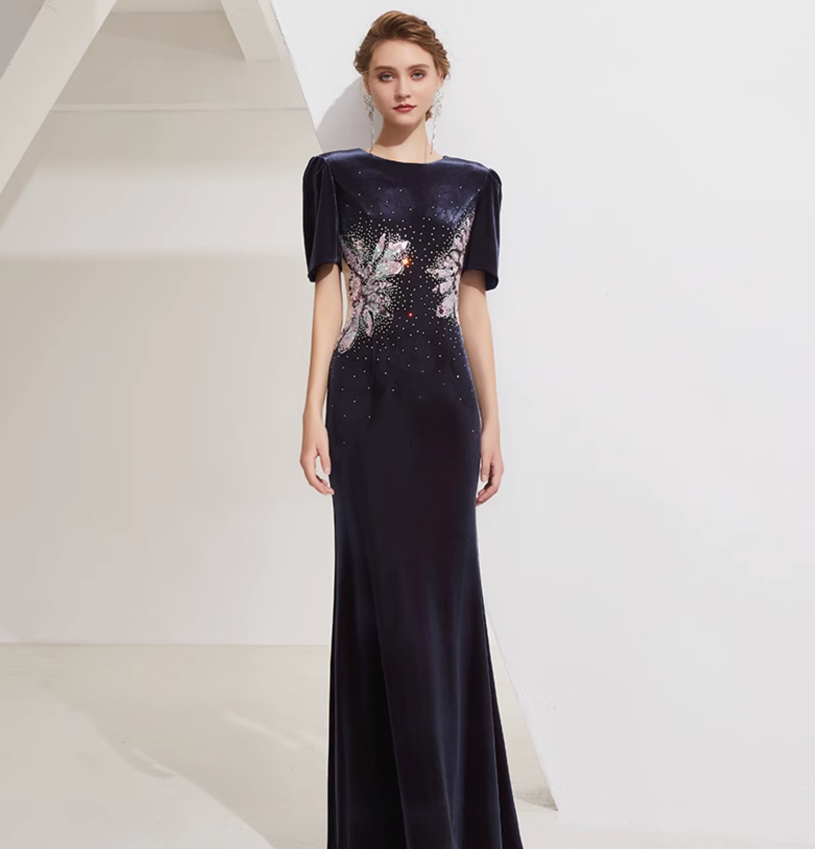 Velvet gown with sequin floral burst and padded shoulders – ASTRIA