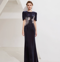 Velvet gown with sequin floral burst and padded shoulders – ASTRIA
