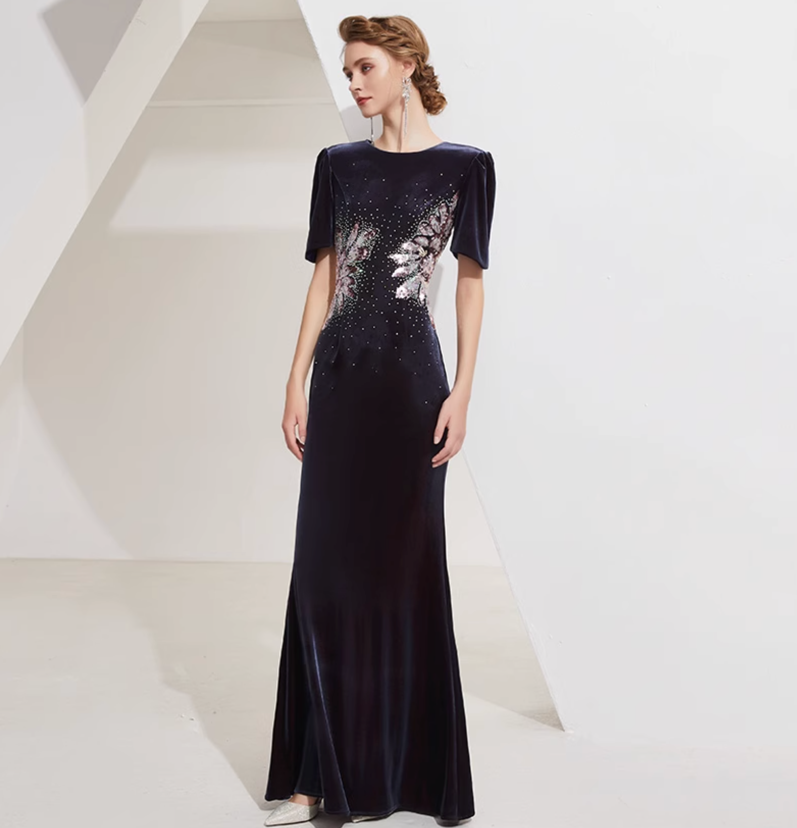Velvet gown with sequin floral burst and padded shoulders – ASTRIA