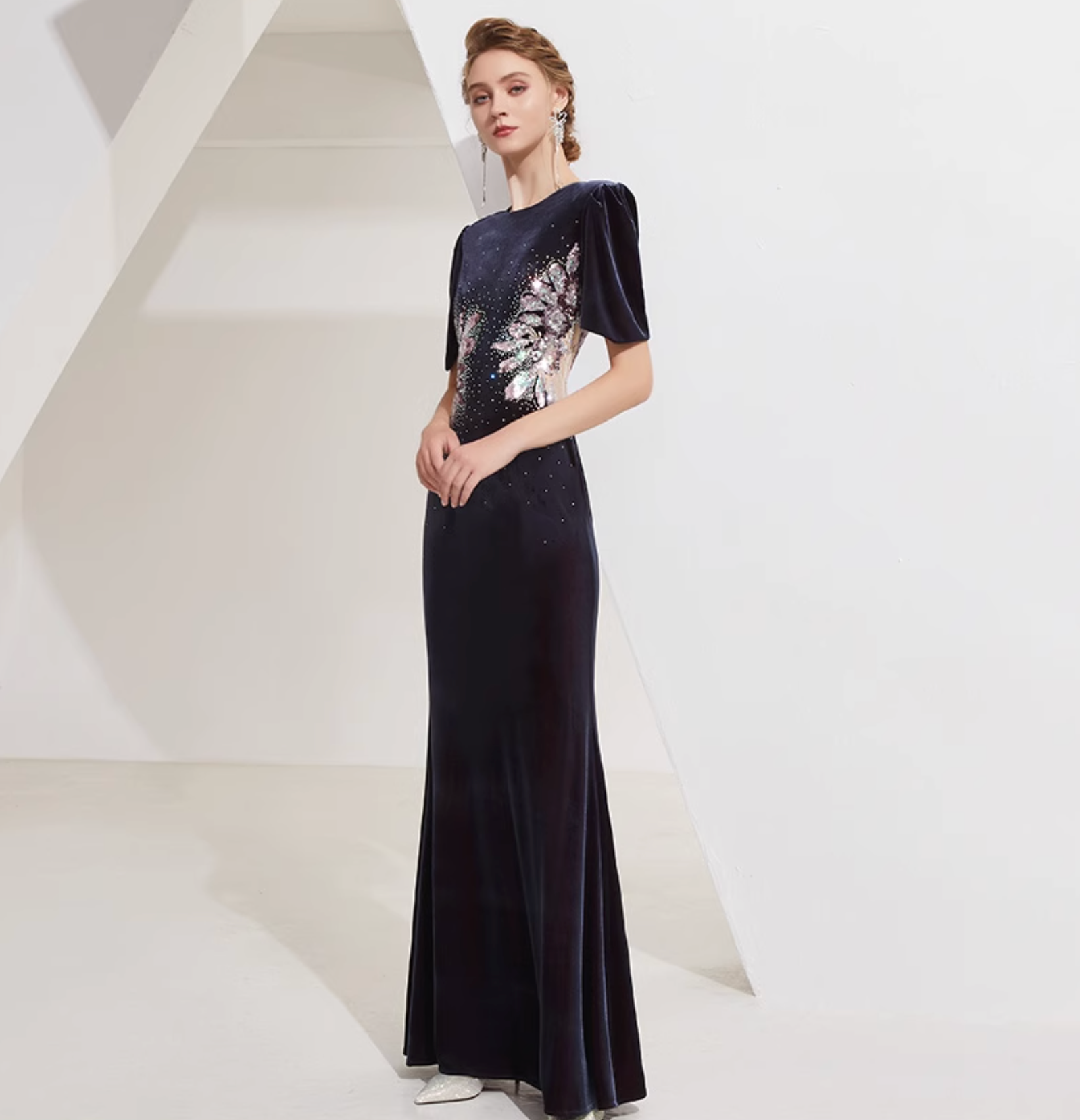 Velvet gown with sequin floral burst and padded shoulders – ASTRIA