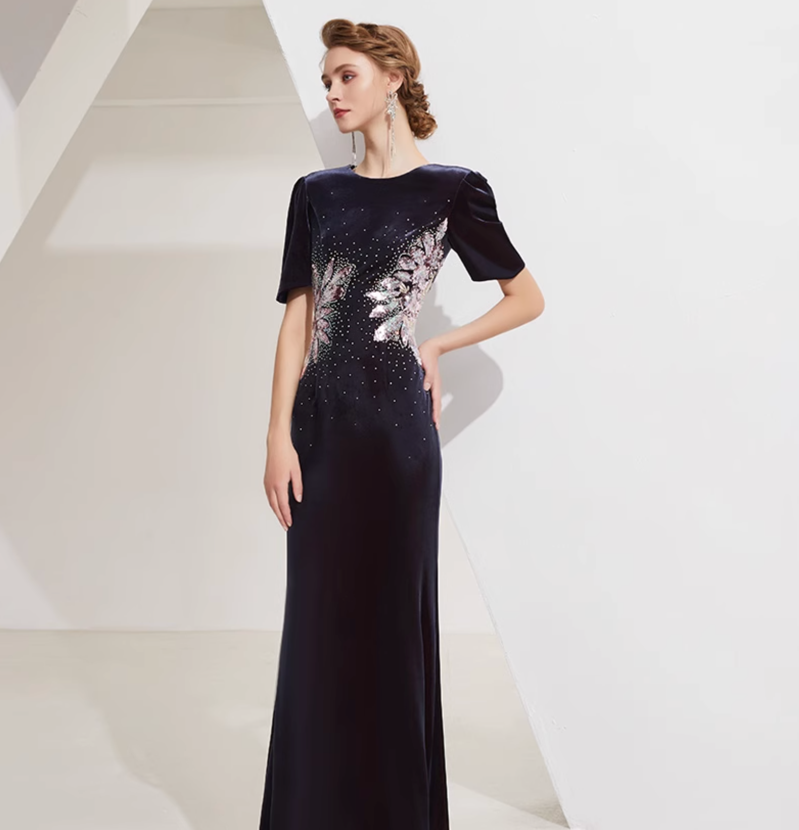 Velvet gown with sequin floral burst and padded shoulders – ASTRIA