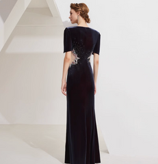 Velvet gown with sequin floral burst and padded shoulders – ASTRIA
