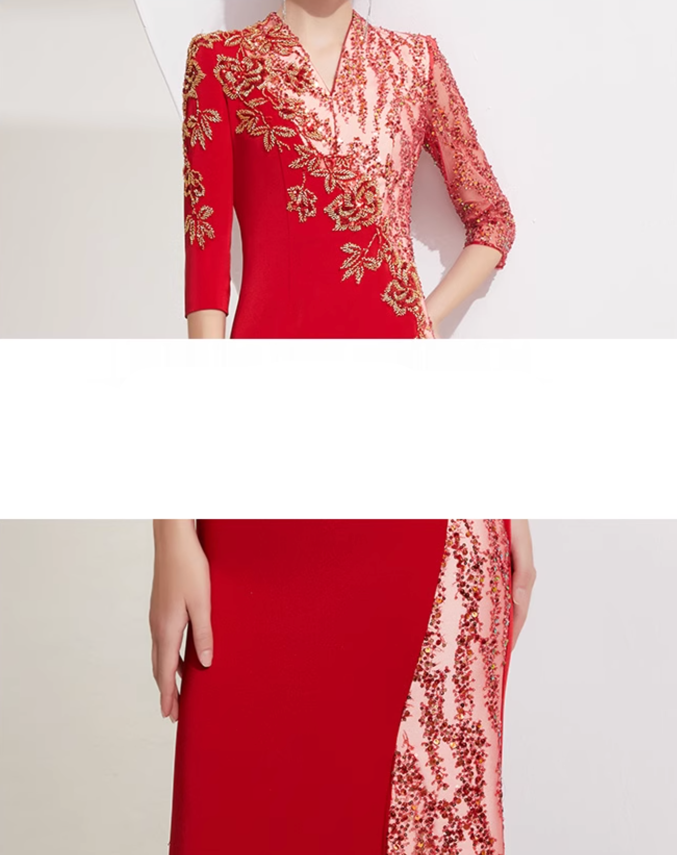 embroidered panel gown with lace sleeves and side slit – VIVIENNE
