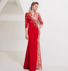 embroidered panel gown with lace sleeves and side slit – VIVIENNE