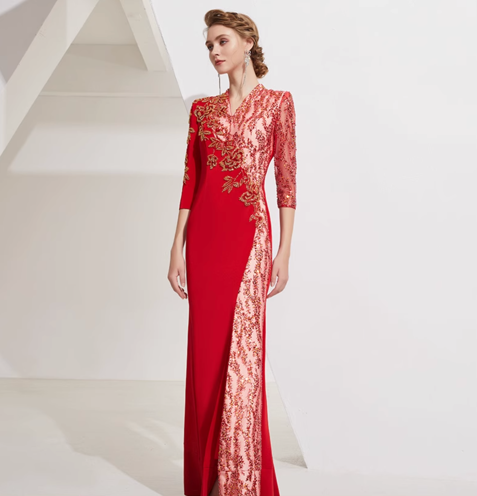 embroidered panel gown with lace sleeves and side slit – VIVIENNE
