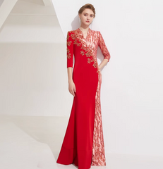 embroidered panel gown with lace sleeves and side slit – VIVIENNE