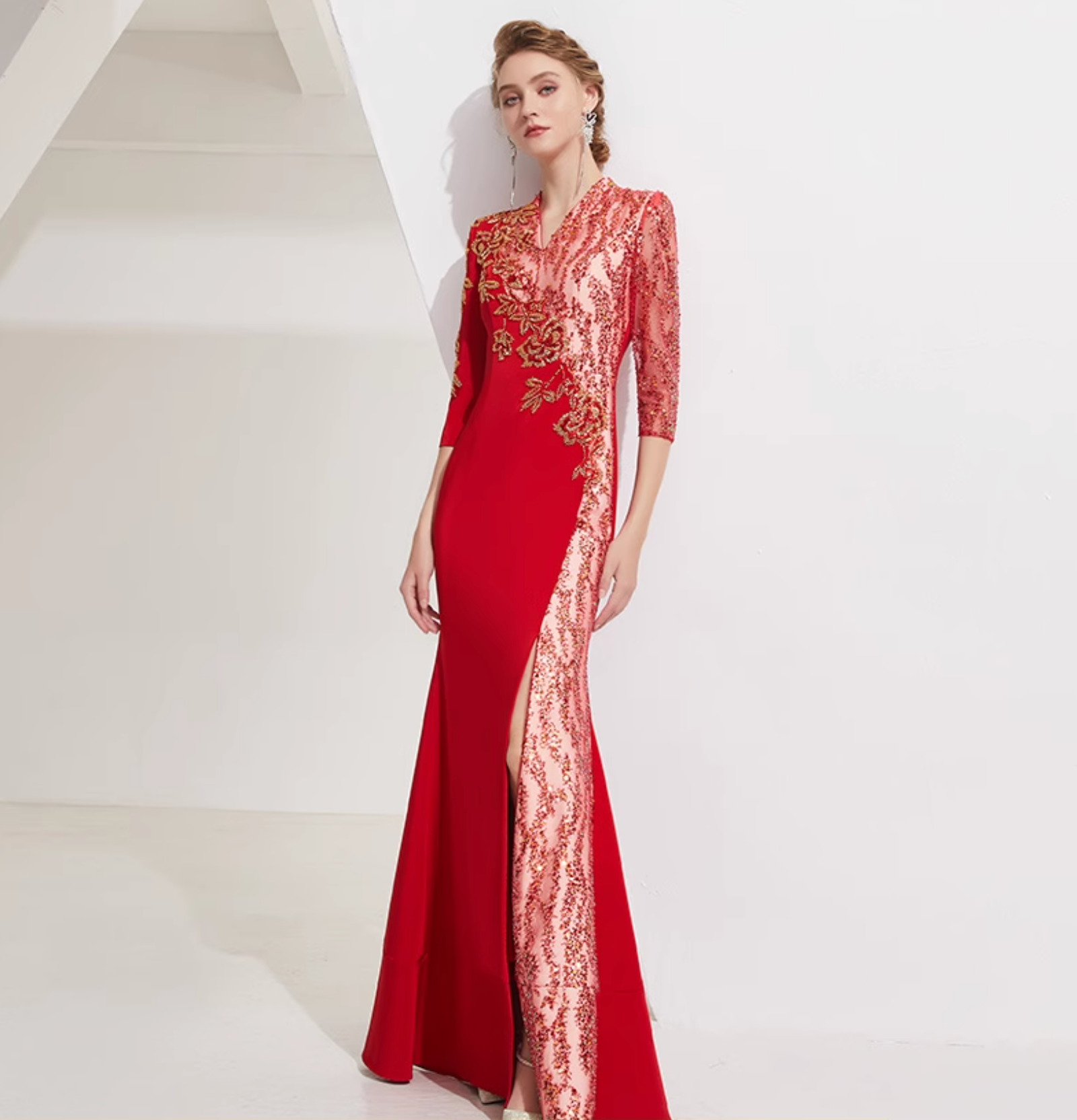 embroidered panel gown with lace sleeves and side slit – VIVIENNE