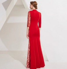 embroidered panel gown with lace sleeves and side slit – VIVIENNE
