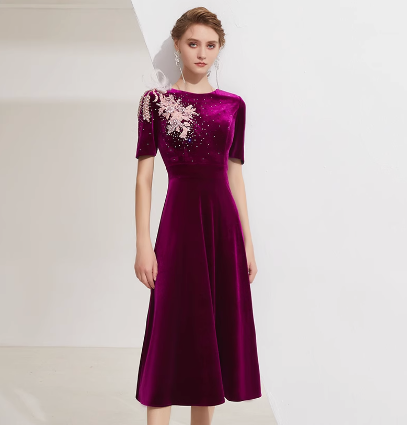 velvet midi dress with floral bead embroidery – AURORA