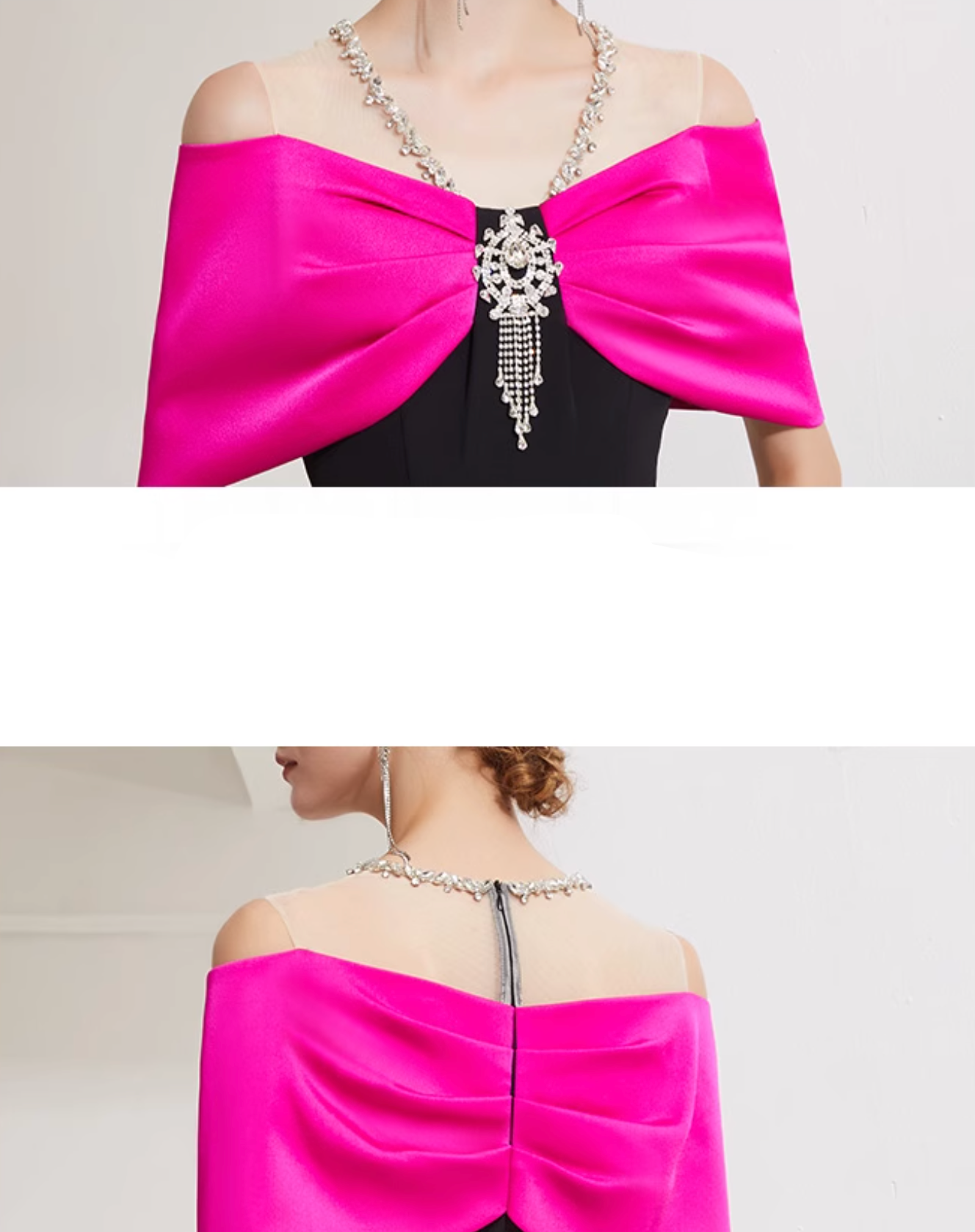 off-shoulder column gown with pink bow cape and crystal pendant – DALIA