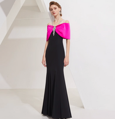 off-shoulder column gown with pink bow cape and crystal pendant – DALIA