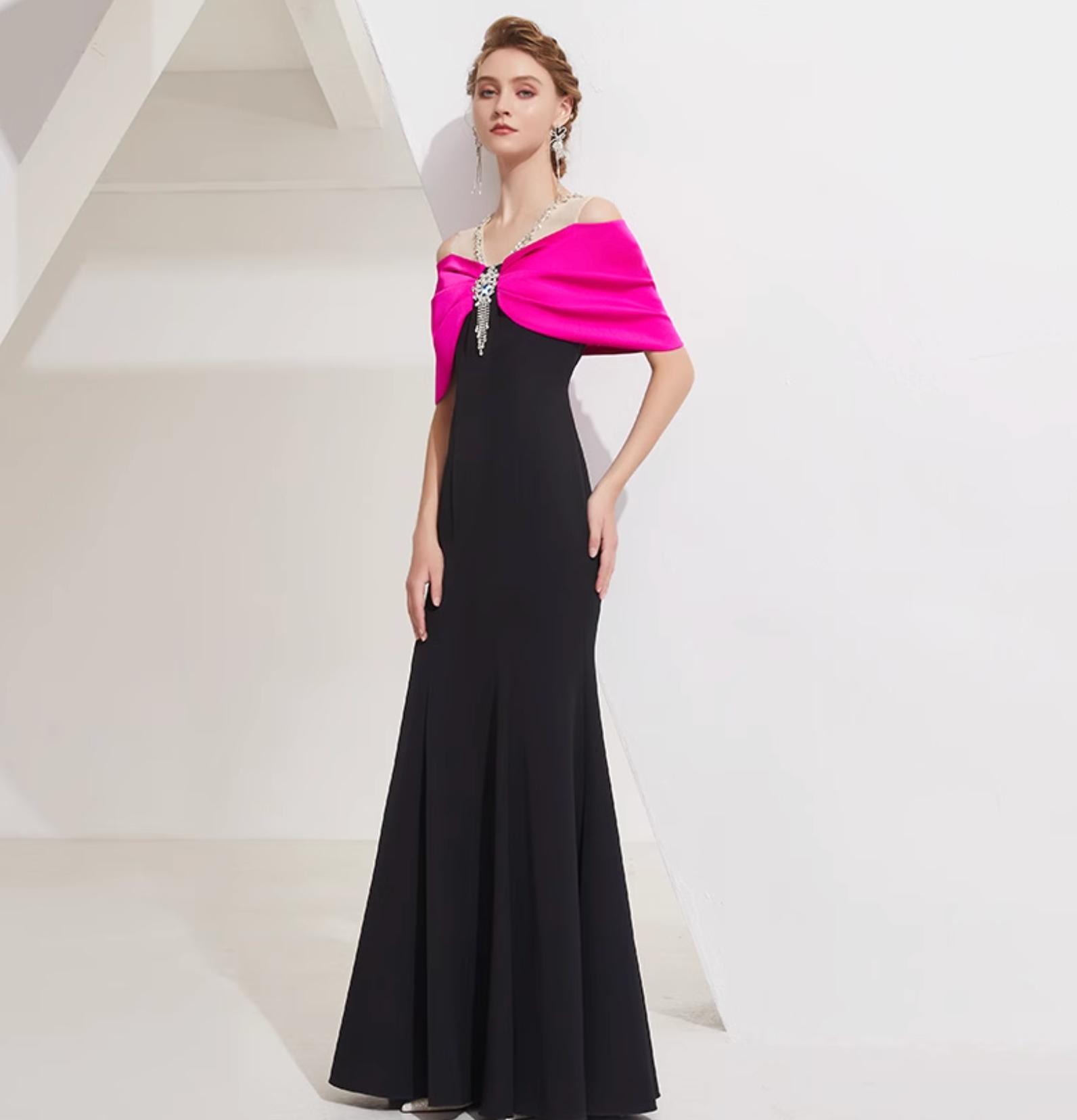 off-shoulder column gown with pink bow cape and crystal pendant – DALIA