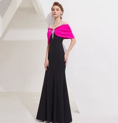 off-shoulder column gown with pink bow cape and crystal pendant – DALIA
