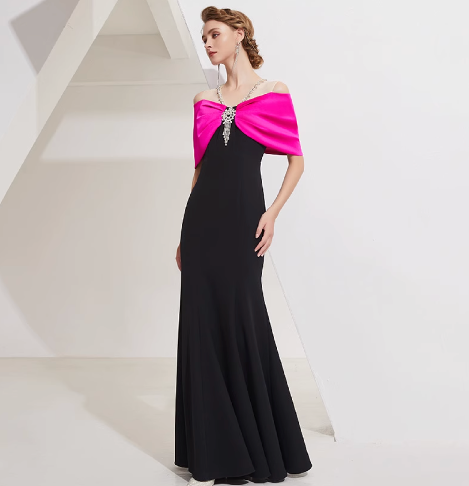 off-shoulder column gown with pink bow cape and crystal pendant – DALIA