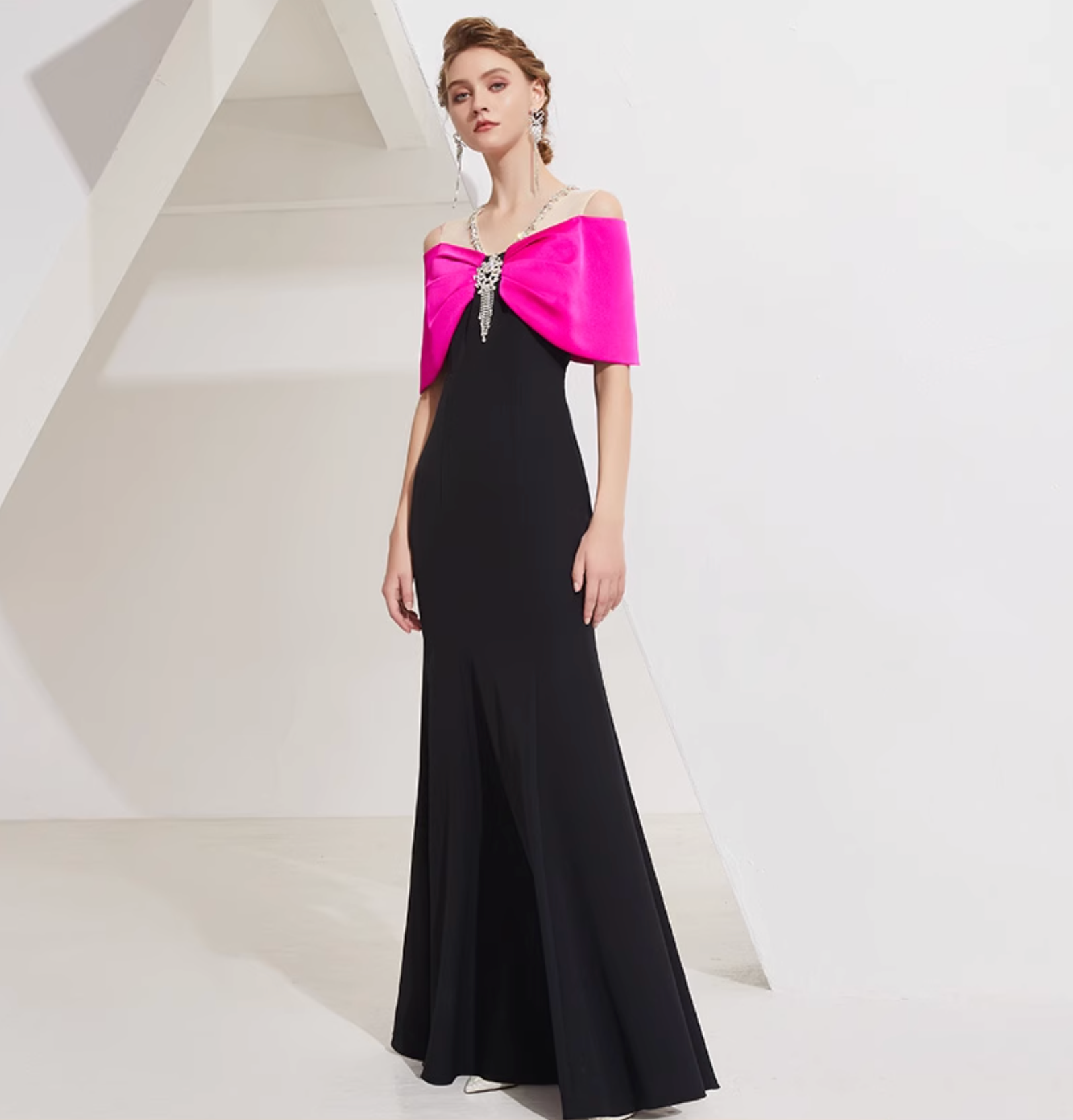 off-shoulder column gown with pink bow cape and crystal pendant – DALIA