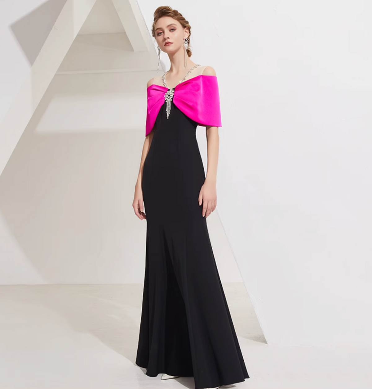off-shoulder column gown with pink bow cape and crystal pendant – DALIA