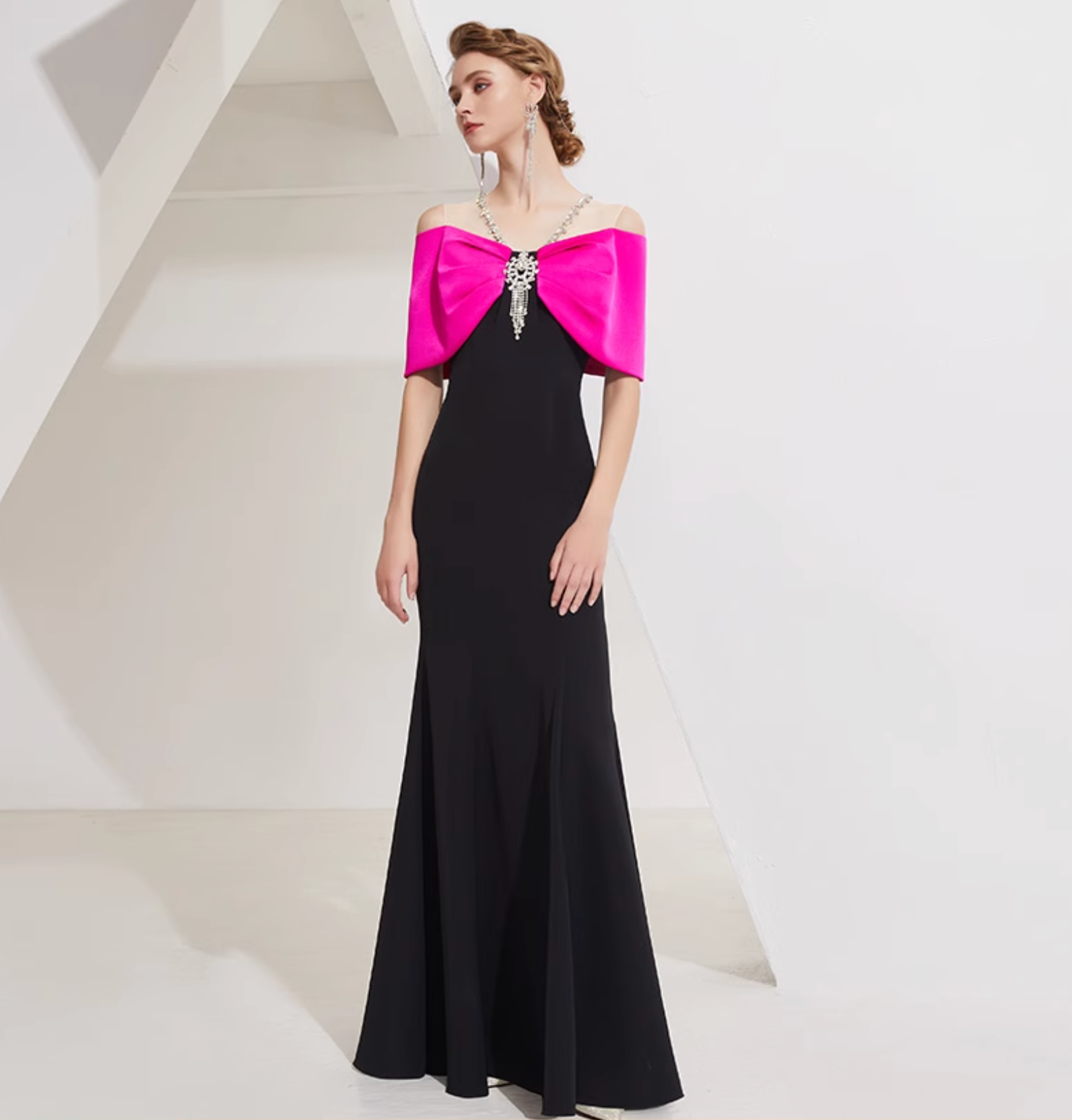 off-shoulder column gown with pink bow cape and crystal pendant – DALIA