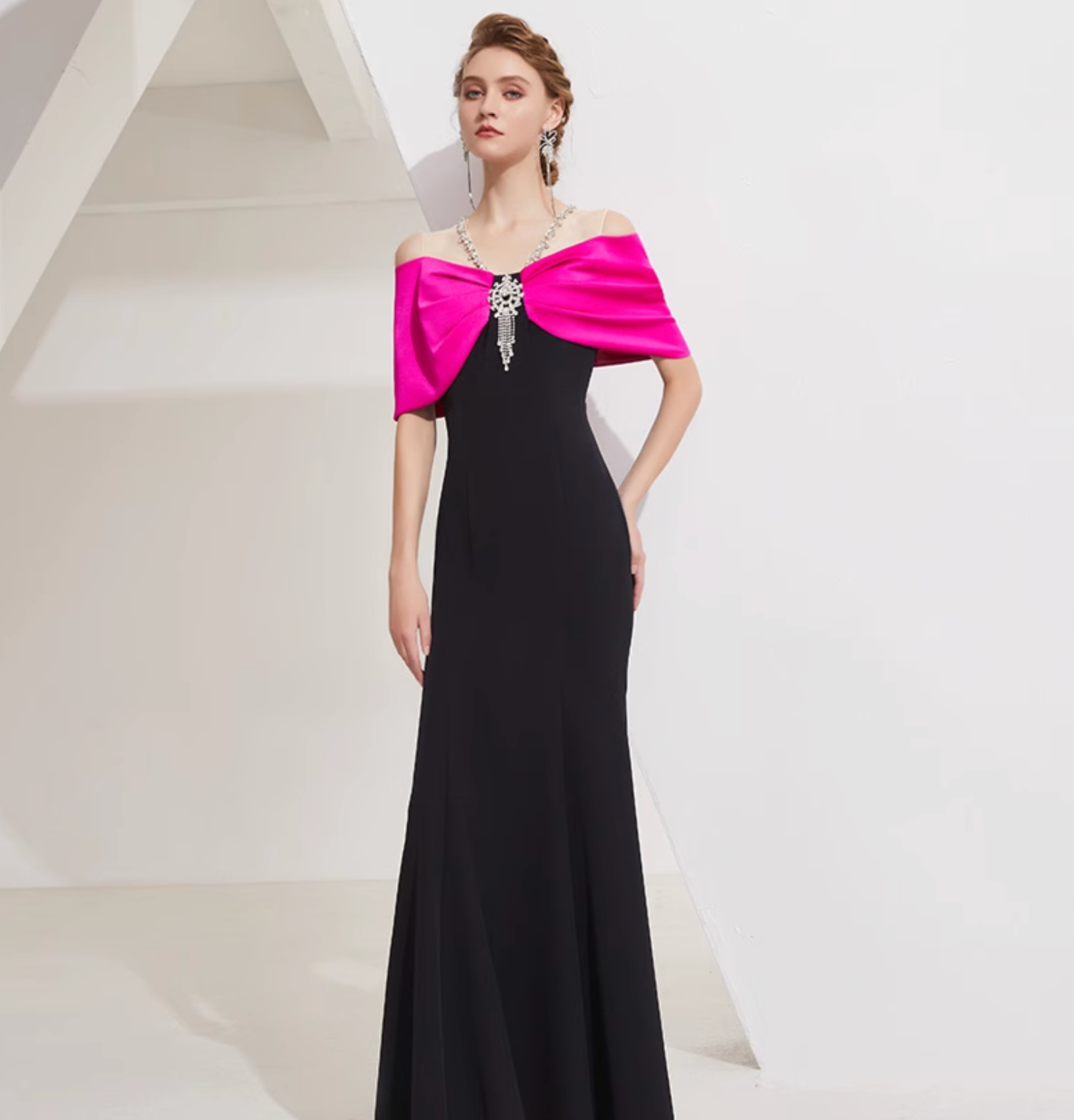off-shoulder column gown with pink bow cape and crystal pendant – DALIA