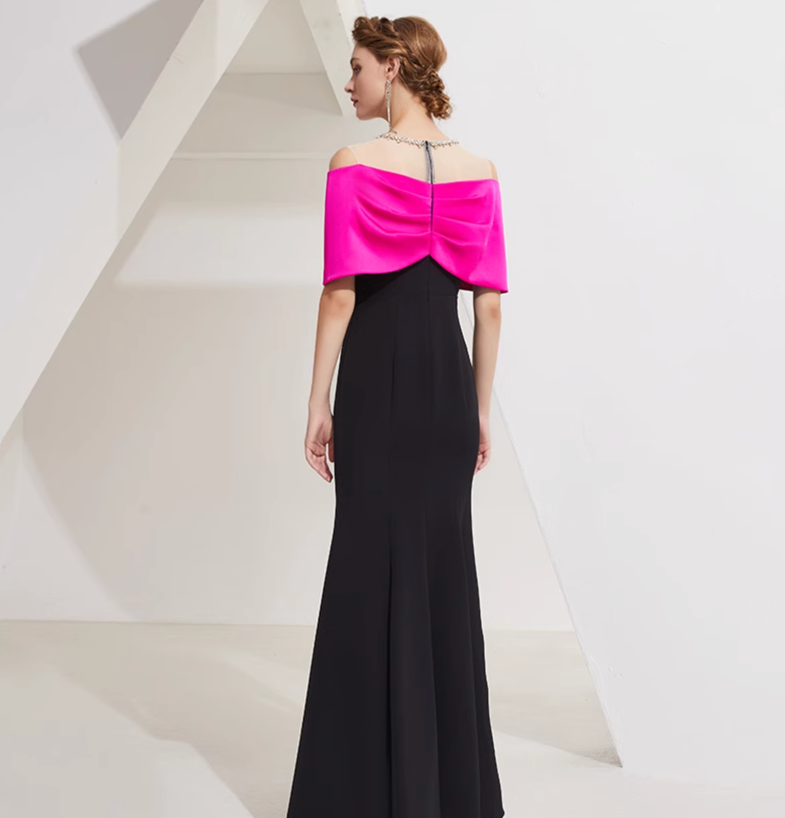off-shoulder column gown with pink bow cape and crystal pendant – DALIA