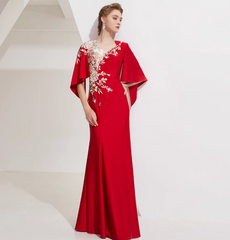 cape-sleeve mermaid gown with floral bead embroidery – SERYIA