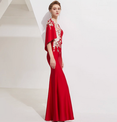 cape-sleeve mermaid gown with floral bead embroidery – SERYIA