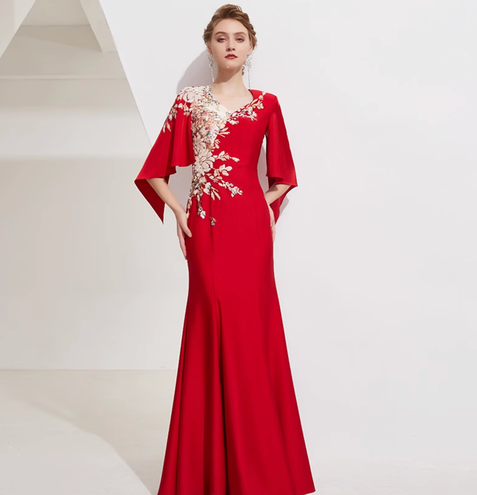 cape-sleeve mermaid gown with floral bead embroidery – SERYIA
