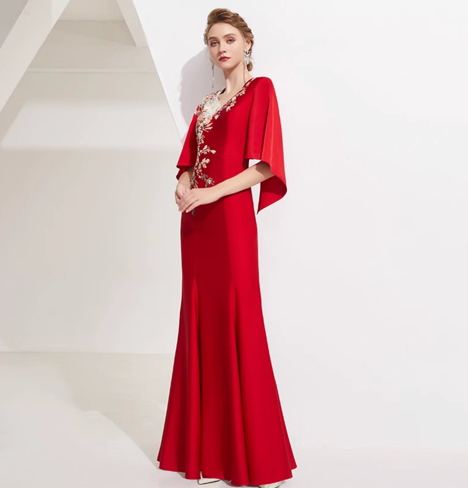 cape-sleeve mermaid gown with floral bead embroidery – SERYIA