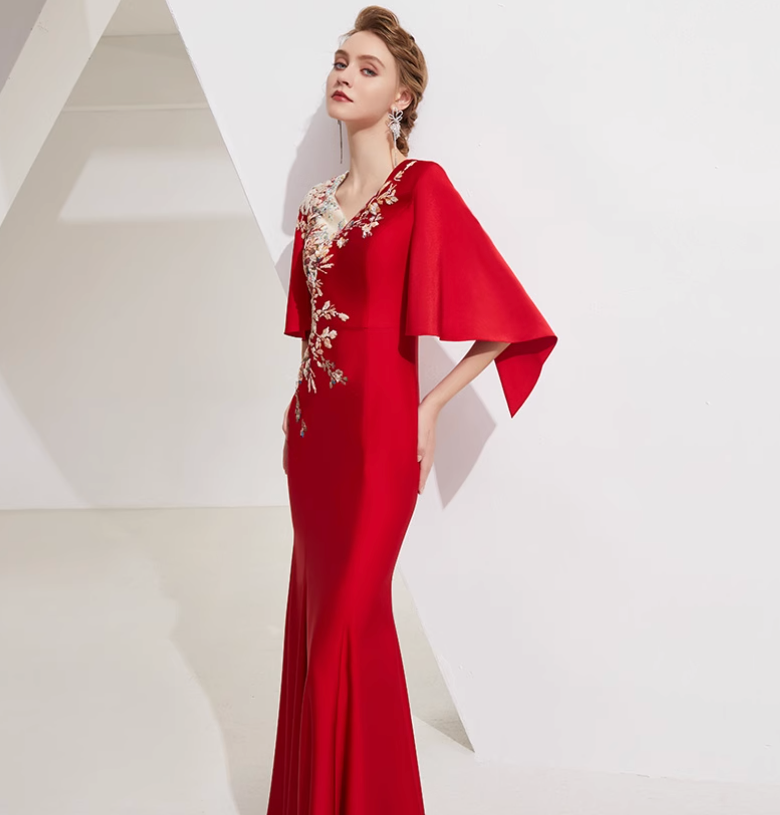 cape-sleeve mermaid gown with floral bead embroidery – SERYIA